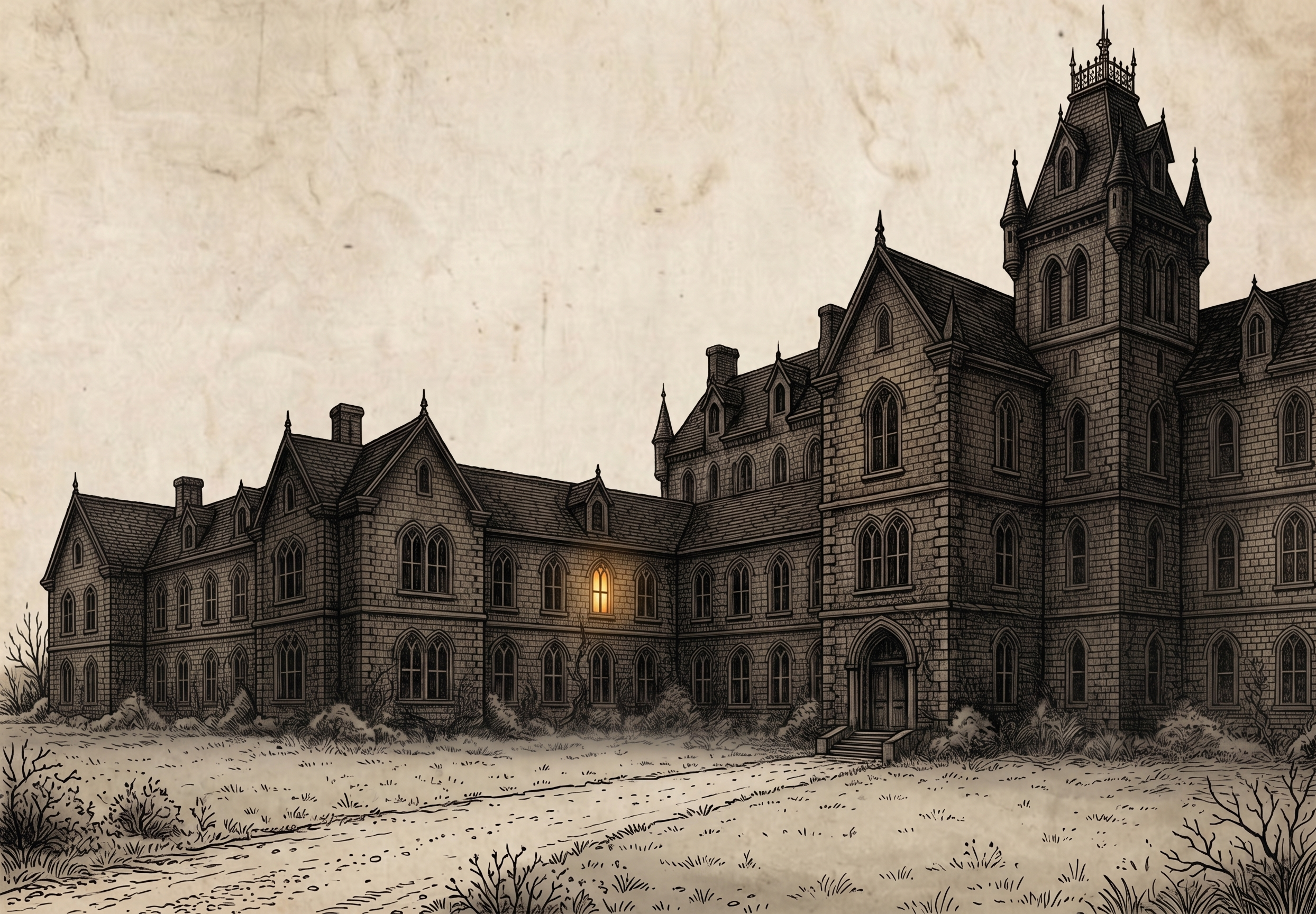 An engraving of Greenwick manor at dusk. Gables, a stone tower and rows of arched windows stand over overgrown grounds. Every window is dark but one, which glows warm.